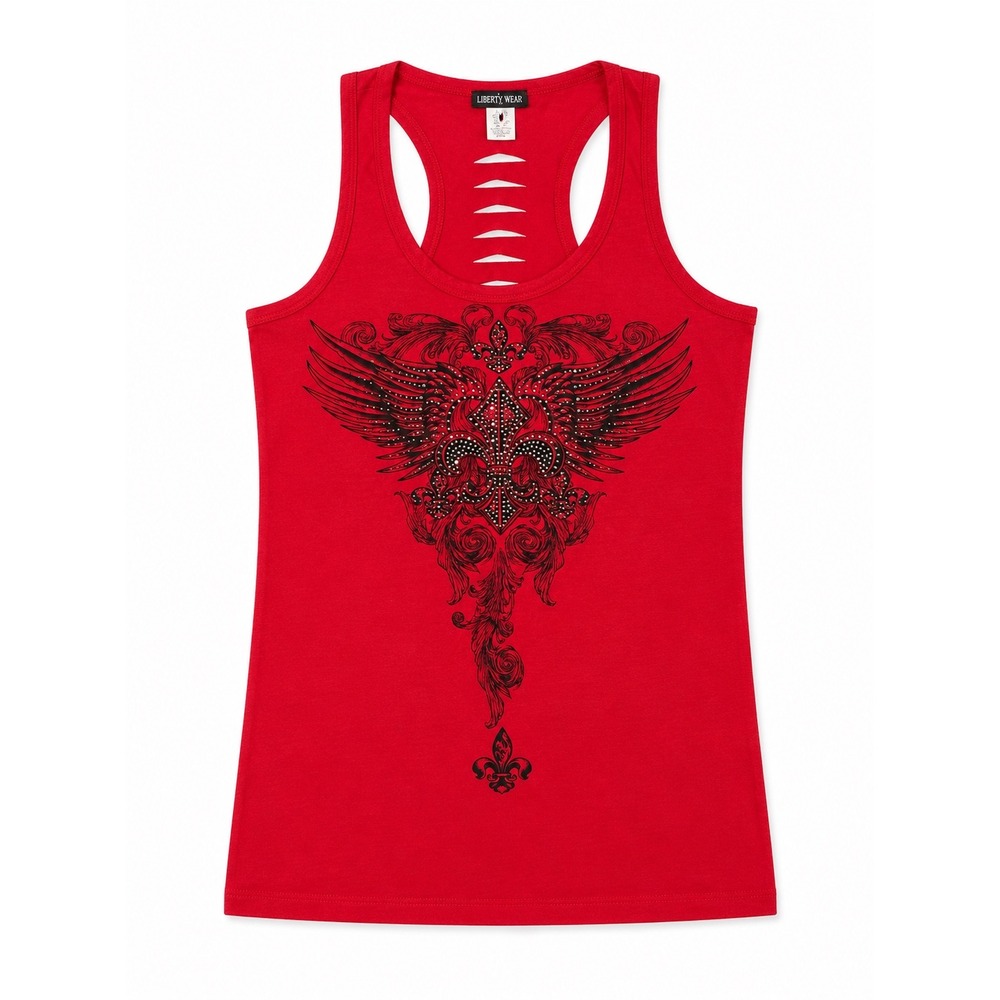 Liberty Wear Womens Red Winged Fleur De Lis Rhinestone Shredded Back Tank Top LG